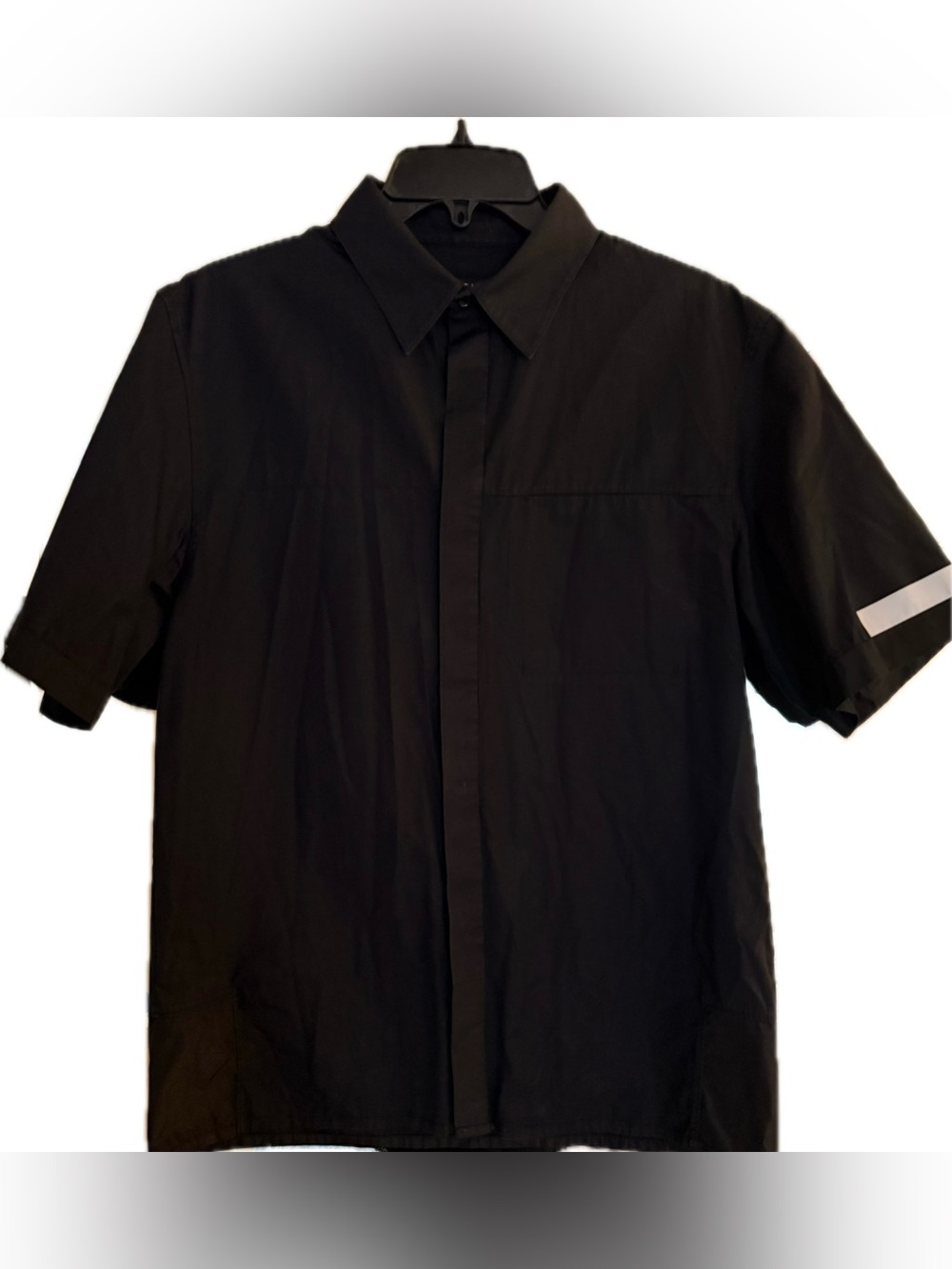 Helmut Lang Men's XS Black Short-Sleeve Button-Up Shirt reflective detail.